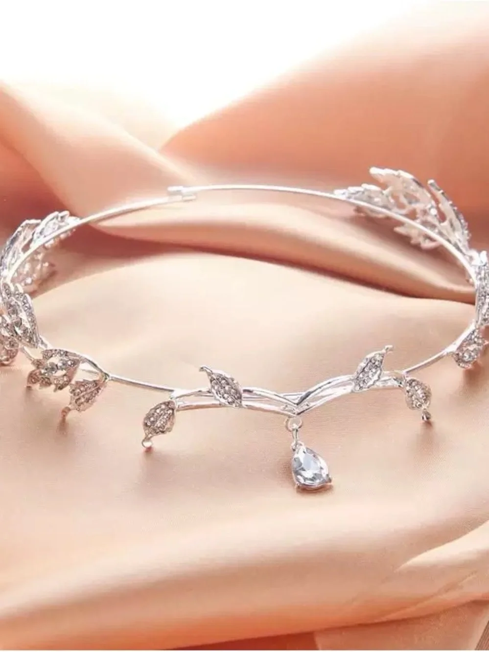 Silver Leaf Crystal Tiara Necklace - Silver